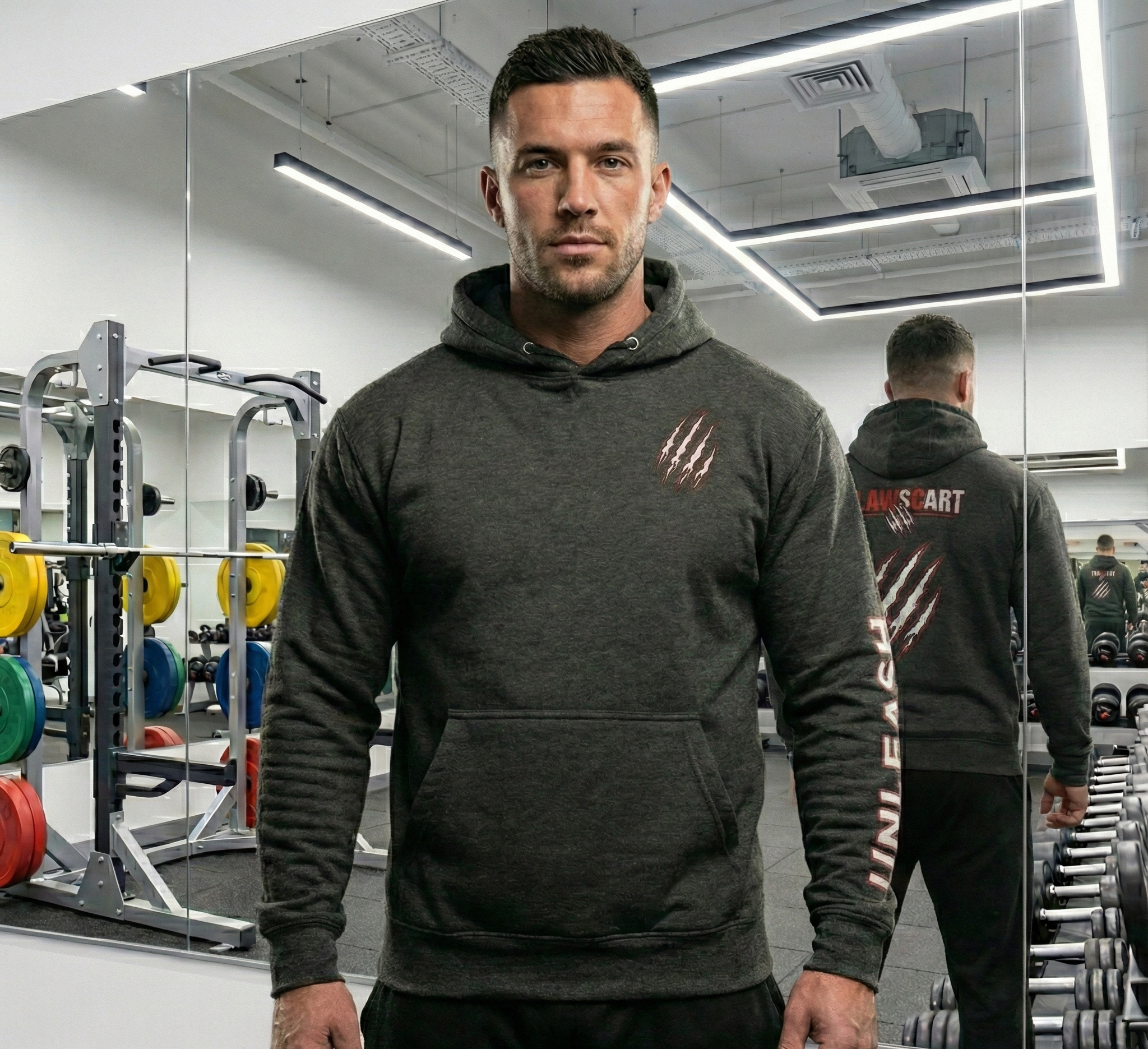 Man wearing a dark hoodie with a logo in a gym setting