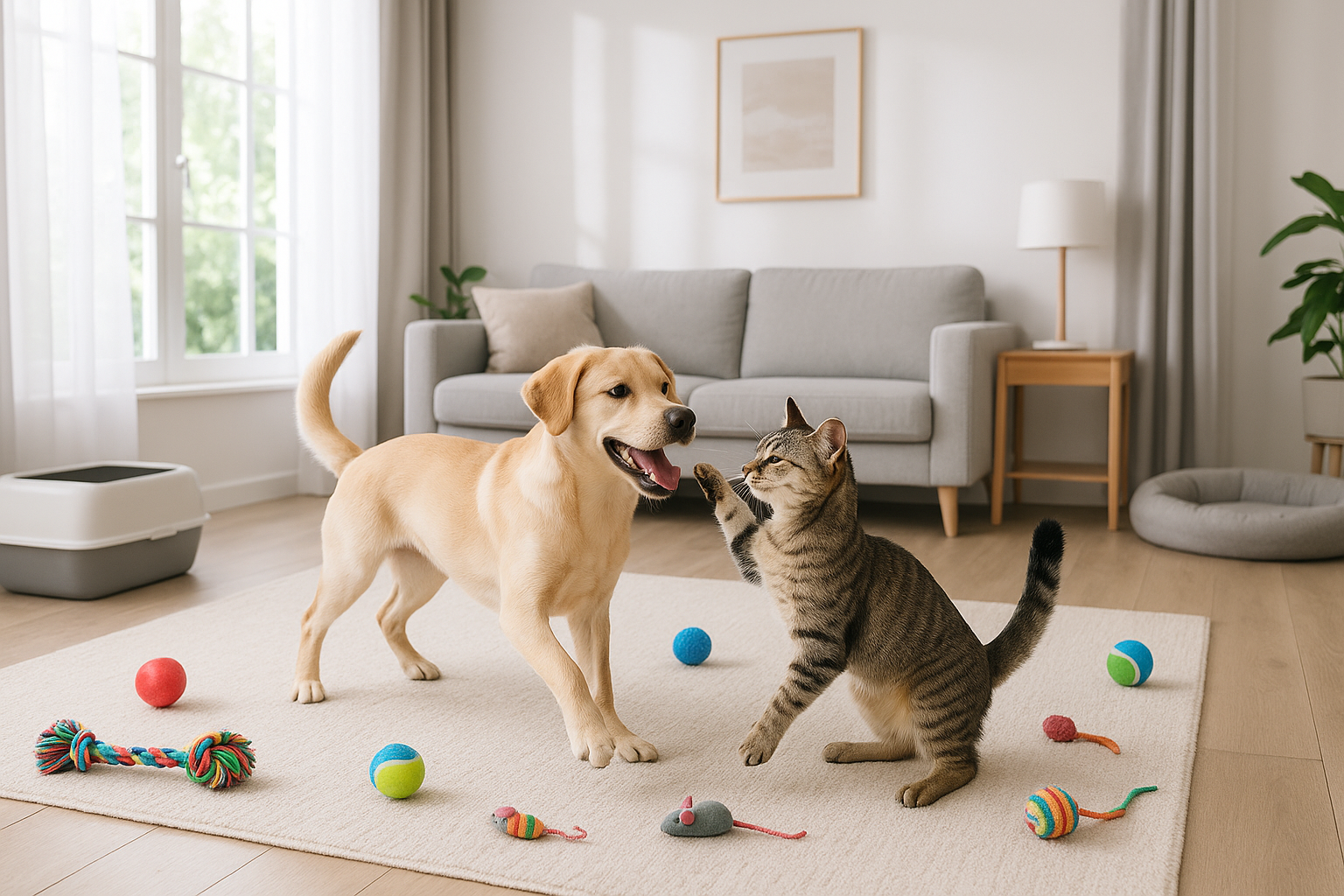 dog and cat playing happy in a modernhouse living room withe alitter box in the corner and a dog bed in the other corner with some toys around the room